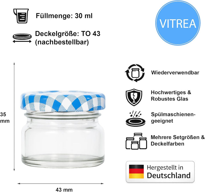 Vitrea 25x Mini Marmeladengläser 30 ml - mit Deckel Blau Kariert TO 43 - kleine Einmachgläser zum be