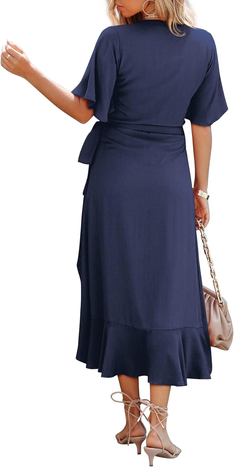Beluring Damen Wickelkleid Elegante V Ausschnitt Langarm/Kurzarm Lange Kleid XXL Stil B:navy Blau, X