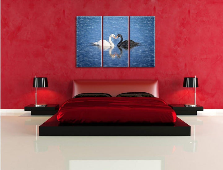 Pixxprint verliebte Schwäne schmusen als Leinwandbild | Grösse: 3 Teilig (120x80) | Wandbild| Kunstd