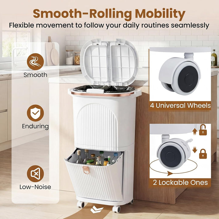 GIANTEX Mülleimer Küche 3 Fächer, Mülltrennsystem mit 2 x 12L Inneneimer & 14L Treteimer, Abfalleime