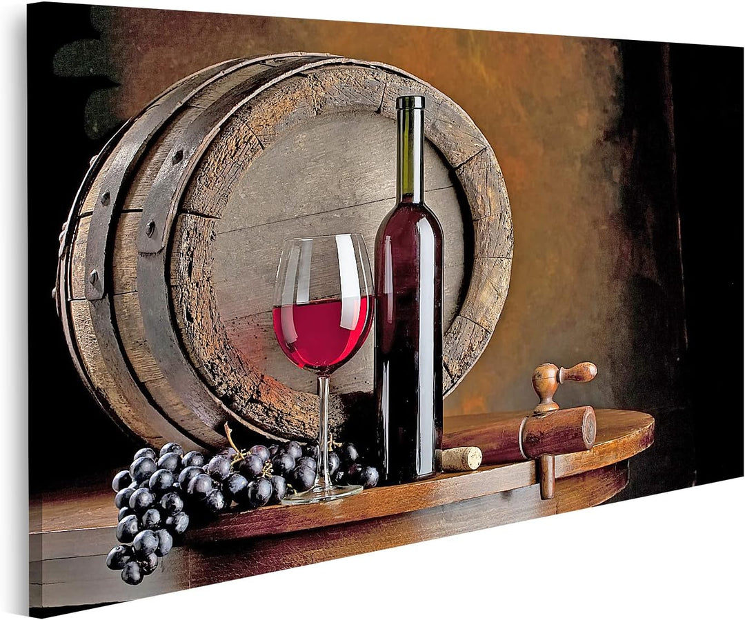 islandburner Bild auf Leinwand Wein Komposition Mit Weinfass Bilder Wandbilder Poster 100L x 57B cm,
