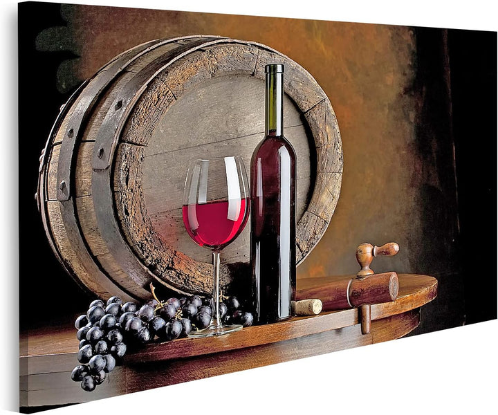 islandburner Bild auf Leinwand Wein Komposition Mit Weinfass Bilder Wandbilder Poster 100L x 57B cm,
