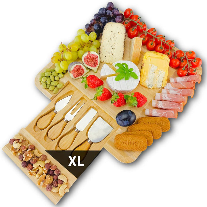 Bambus Käsebrett mit 4 Messern – Servierplatte aus Holz, Charcuterie Board für Aperitif, Geburtstag,