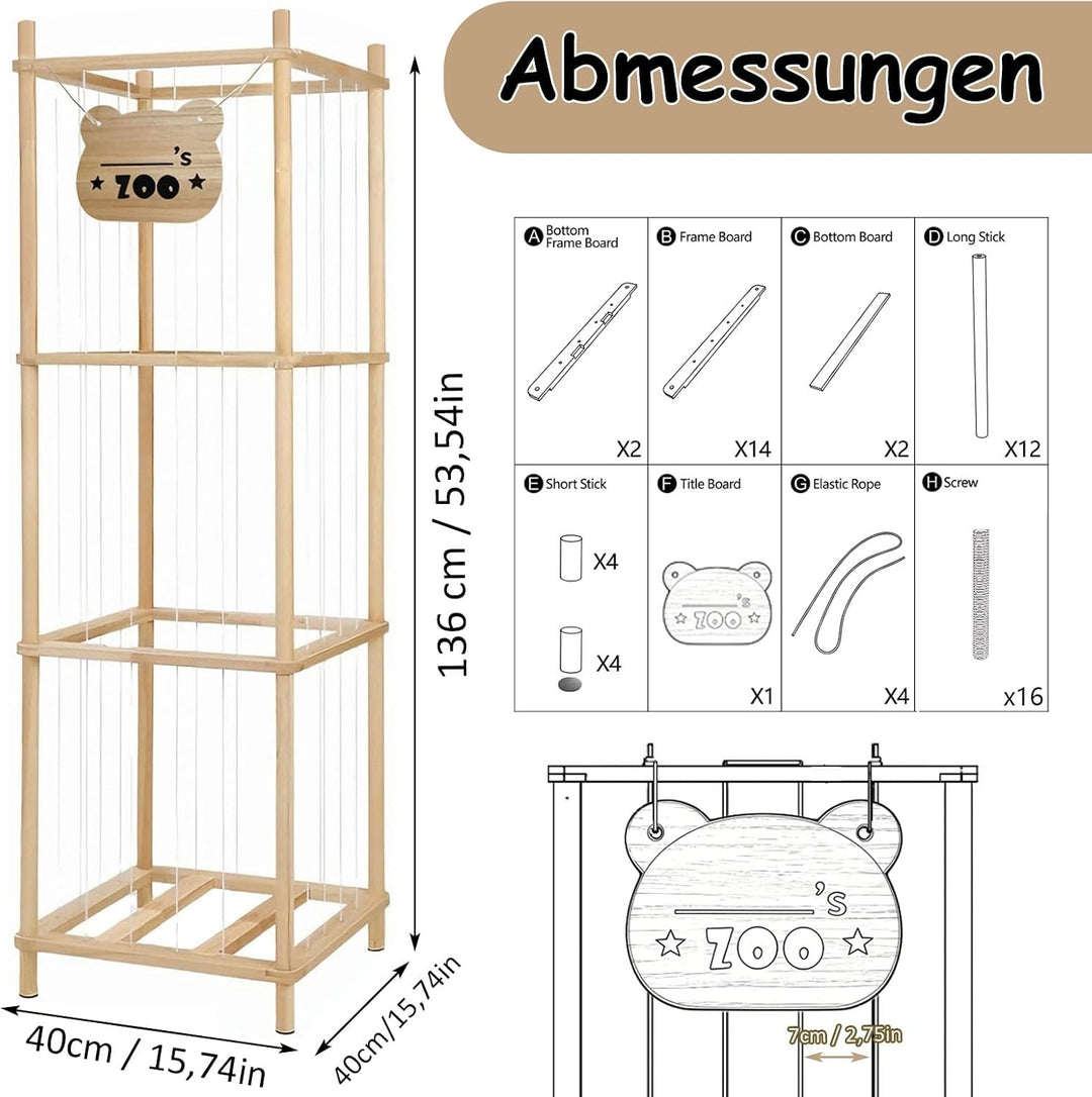 Kuscheltier Aufbewahrung Holz, 136 x 40 x 40 cm Stofftier Aufbewahrung Regal Kuscheltiere mit Elasti