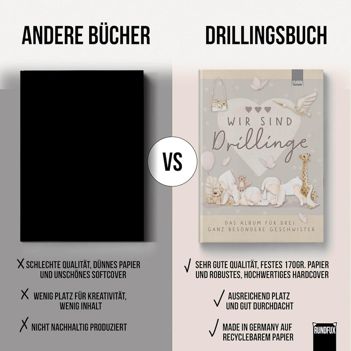 Erinnerungsalbum für Drillinge – Boho Babyalbum DIN A4 | 64 Seiten | Hardcover in Beige & Braun | Ge