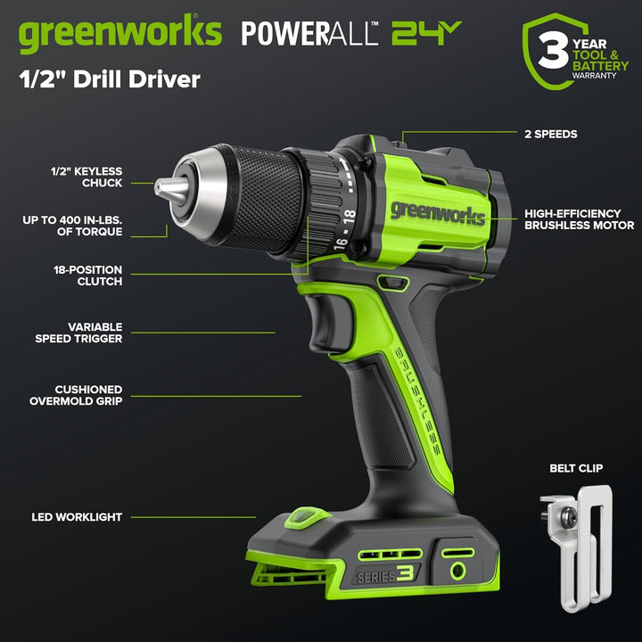 Greenworks 24V Bürstenloses Bohrschrauber- & Schlagschrauber-Set, 45 Nm + 220 Nm, Leicht, inkl. 2× 2