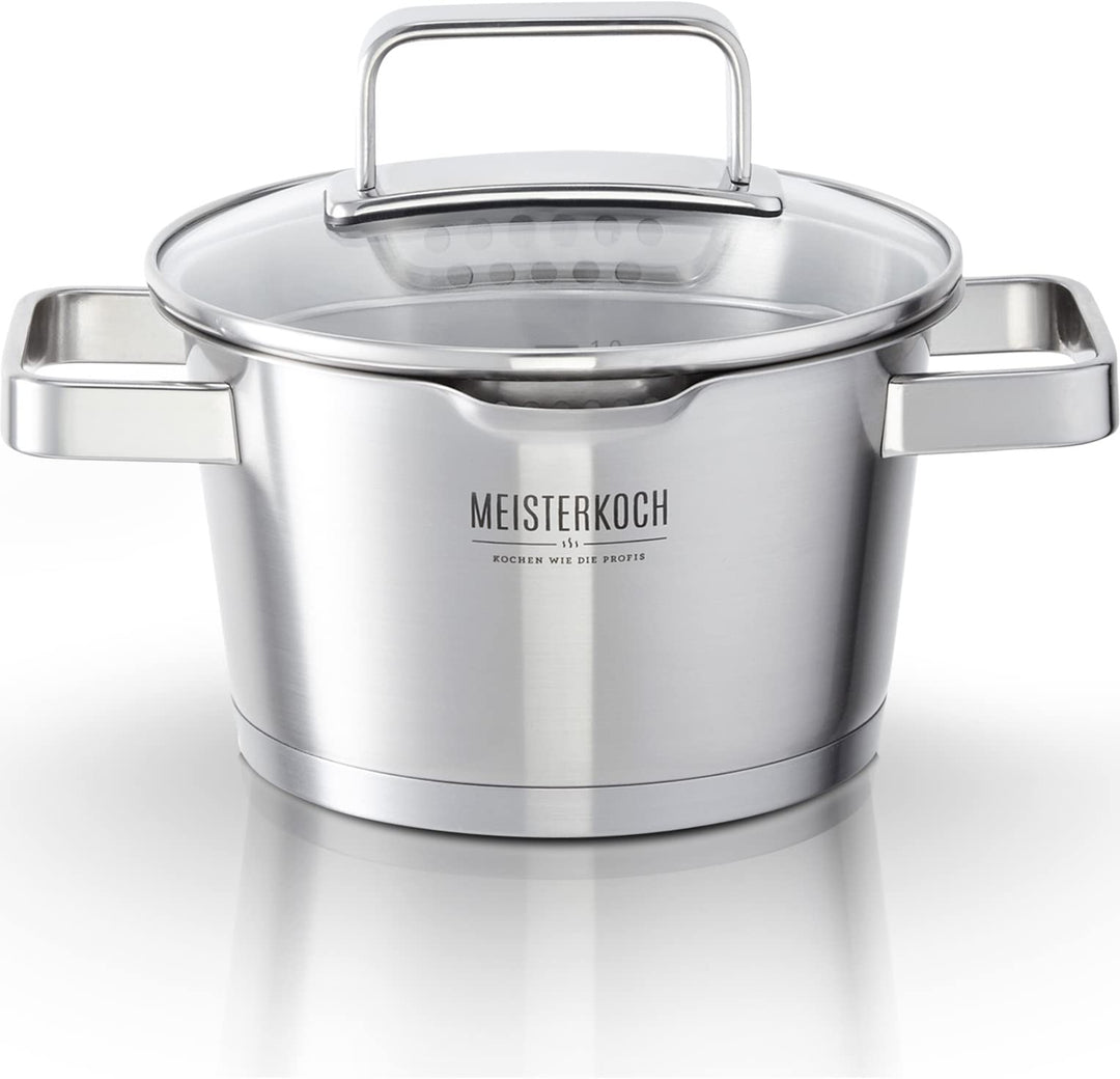 MEISTERKOCH Topf aus gebürstetem Edelstahl 16 cm Ø | mit Ausguss, Innenskalierung und isolierenden K