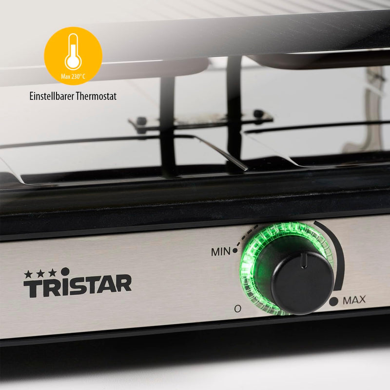 Tristar Raclette – 8 Personen – Kochfläche 42 x 23 cm – Einstellbarer Thermostat mit Lichtring – 140