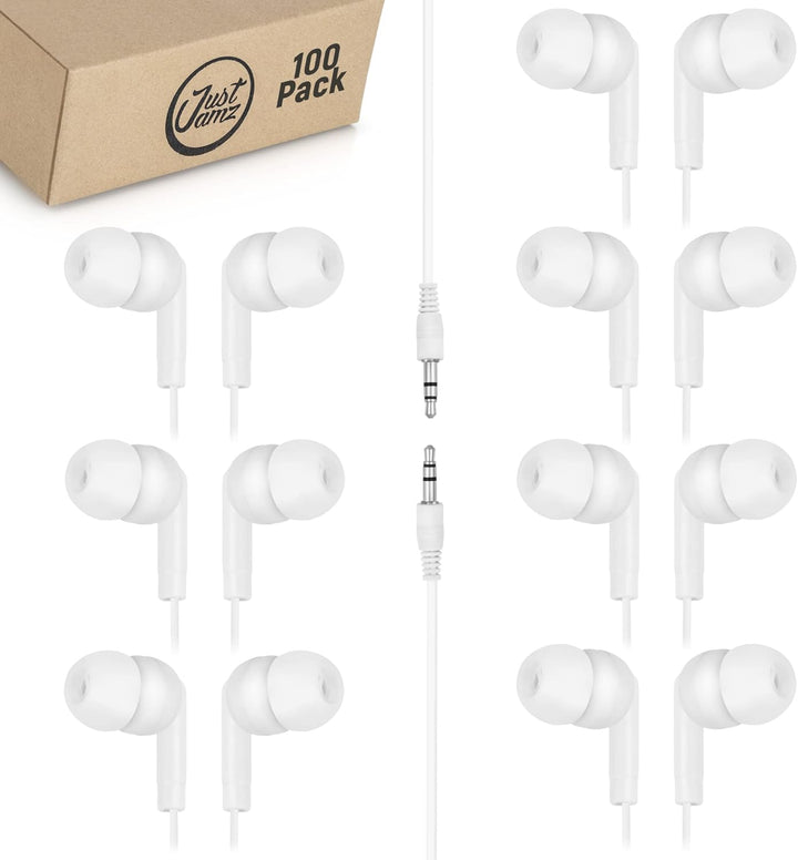 JustJamz® Basic | 100 Stück | Schüttgut einfache Ohrhörer, perlweisse In-Ear-Ohrhörer, 3.5-mm-Audiob