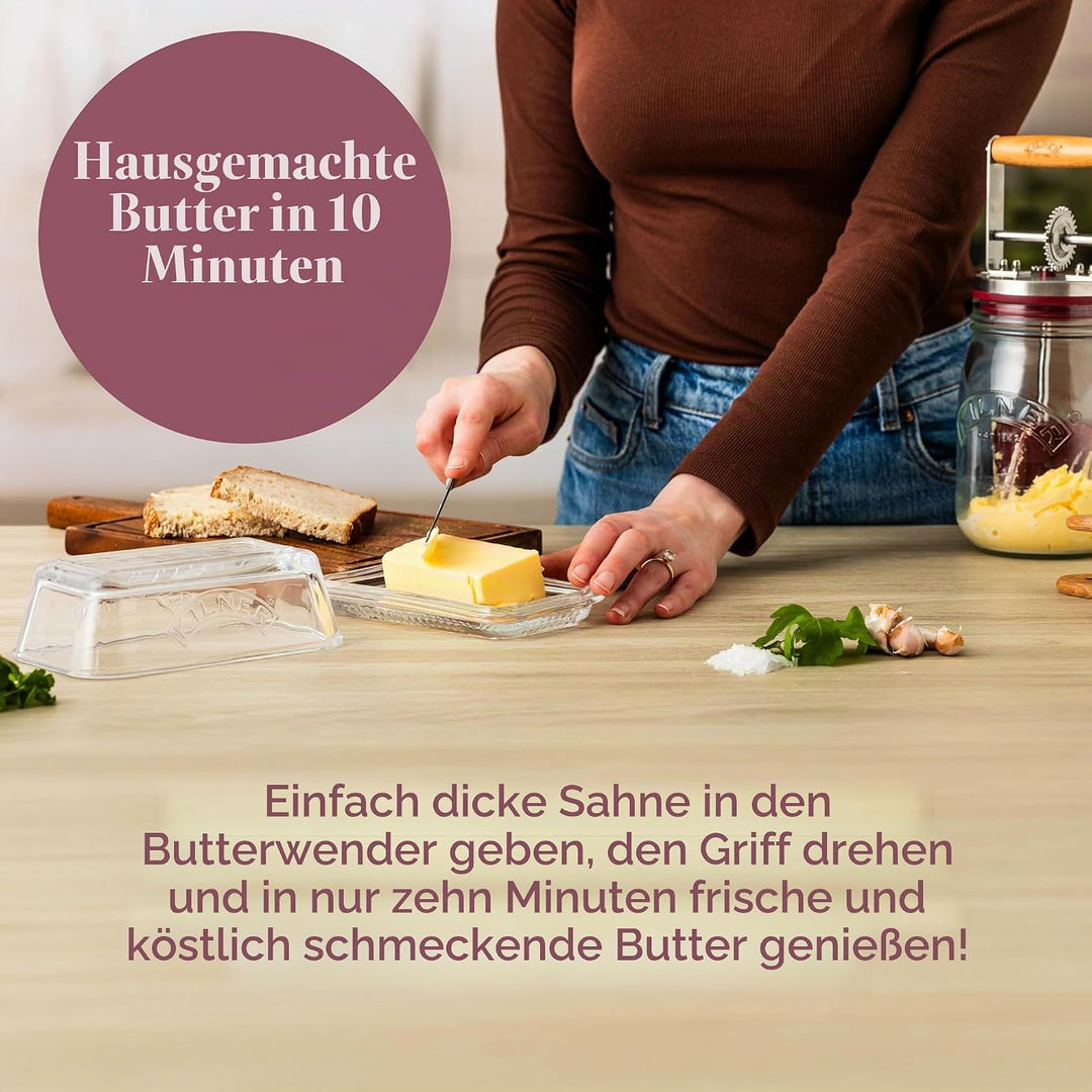 Kilner Butterfass Glas mit Handkurbel, manuelle Handkurbel und Silikonmixer, 1L, Öffnung: 7,2 cm, 16
