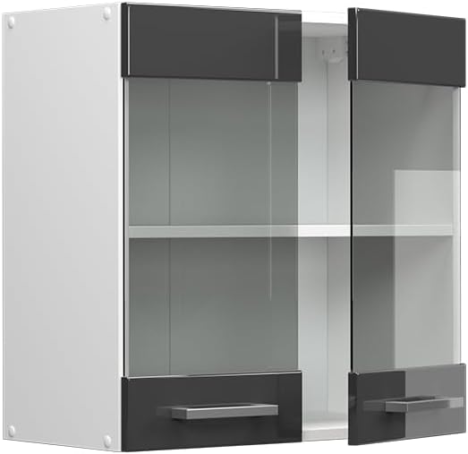 Vicco Küchenschrank Glas R-Line, Anthrazit Hochglanz/Weiss, 60 cm Anthrazit Hochglanz Hängeglasschra