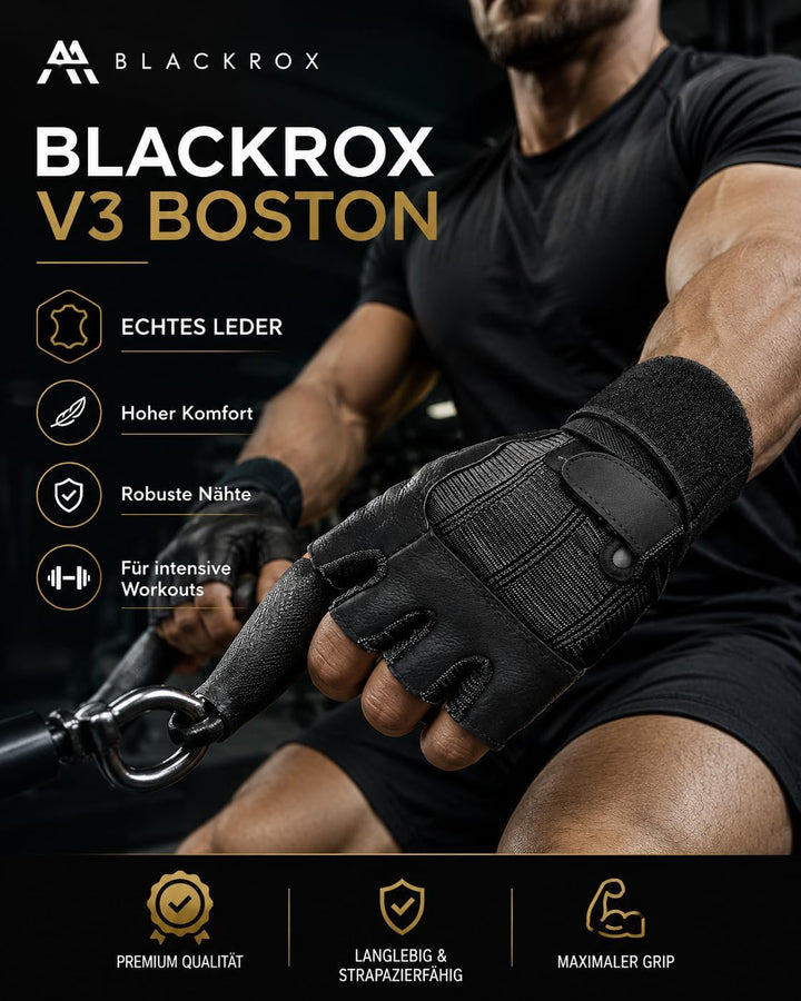BLACKROX Fitnesshandschuhe echtes Leder Herren &amp; Damen V3 Boston Kraftsport Handgelenkschutz Trainin