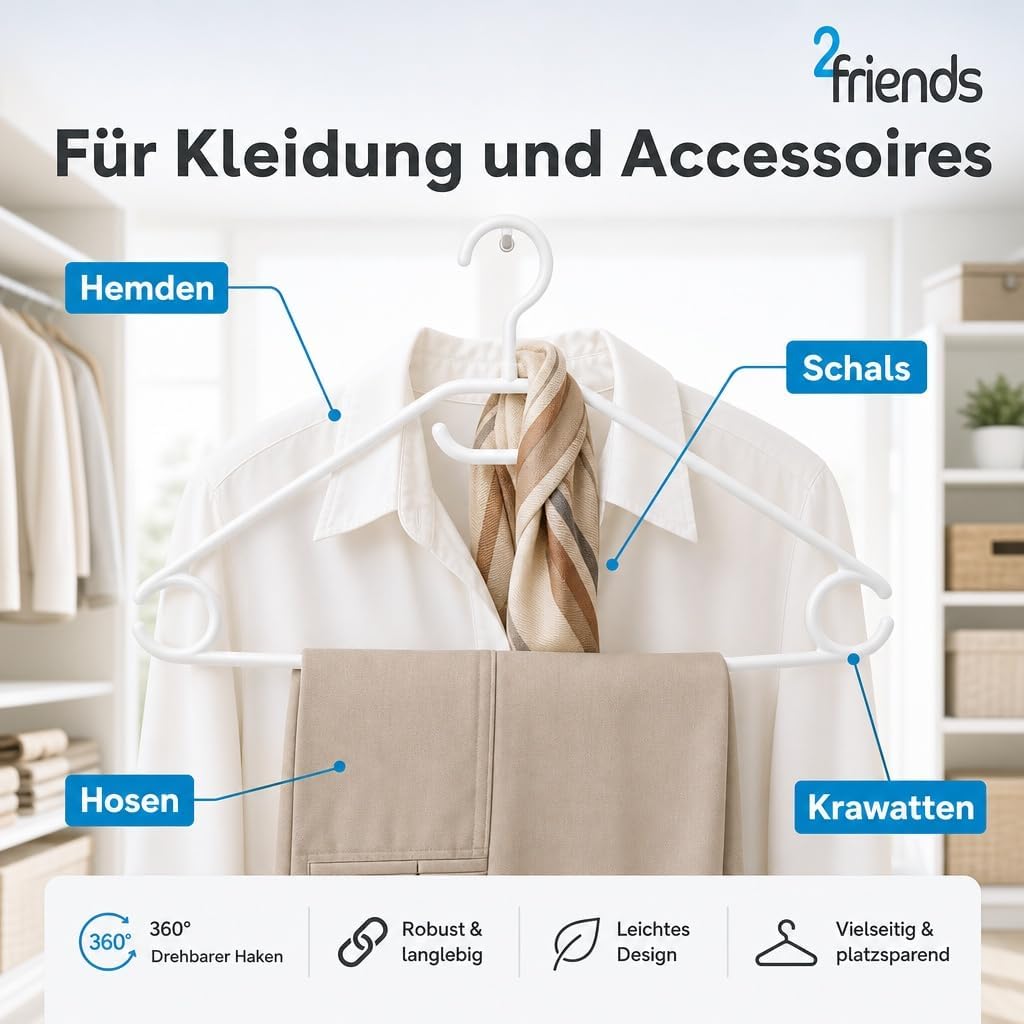 20er Set Kleiderbügel weiss Kunststoff – platzsparende Kleider Bügel mit drehbarem Haken, Anti-Rutsc