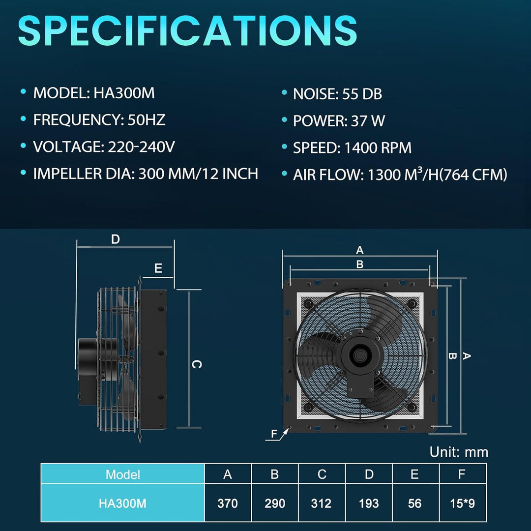 HG Power 300mm Abluftventilator Industrie Wandventilator 1300m³/h Wandlüfter mit Maschensieb Auspuff
