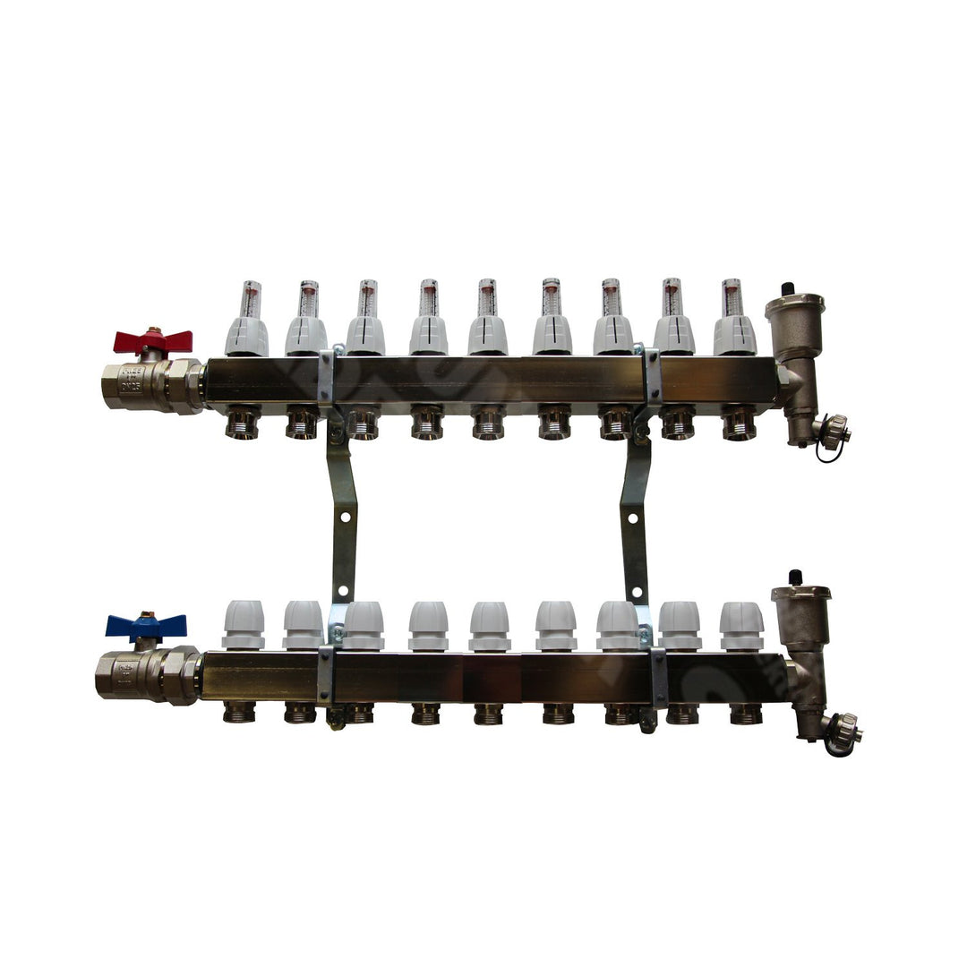 Heizkreisverteiler Edelstahl mit Durchflussanzeige für Fussbodenheizung von EasyTHERM (9 Heizkreise)