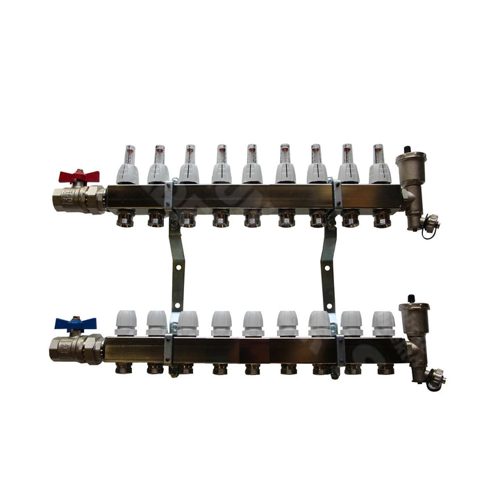 Heizkreisverteiler Edelstahl mit Durchflussanzeige für Fussbodenheizung von EasyTHERM (9 Heizkreise)