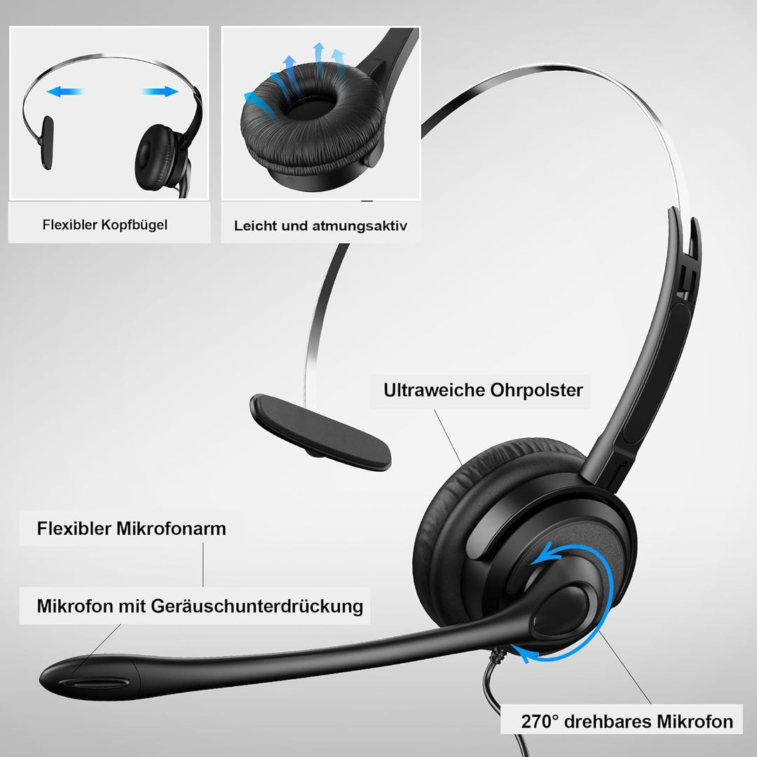 Voistek Einöror Call Center Telefon-Headset, 2,5mm Klinke, Noise Cancelling Mikrofon, Lautstärkeregl