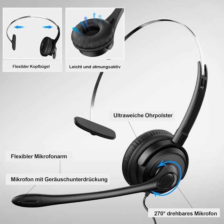 Voistek Einöror Call Center Telefon-Headset, 2,5mm Klinke, Noise Cancelling Mikrofon, Lautstärkeregl