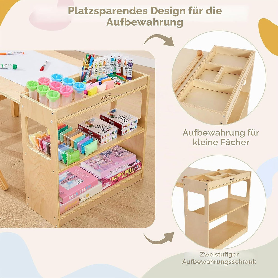 Kinder-Kunsttisch &amp; 2 Stühle Set mit Rollenpapier - Geräumiger Basteltisch mit Ablageflächen zum Zei