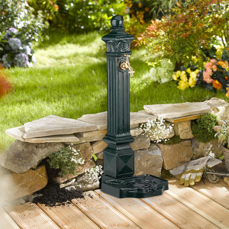 Relaxdays Standbrunnen, Wasserzapfstelle in Antik Look, Säule mit Wasserhahn & Becken, HBT: 80 x 28