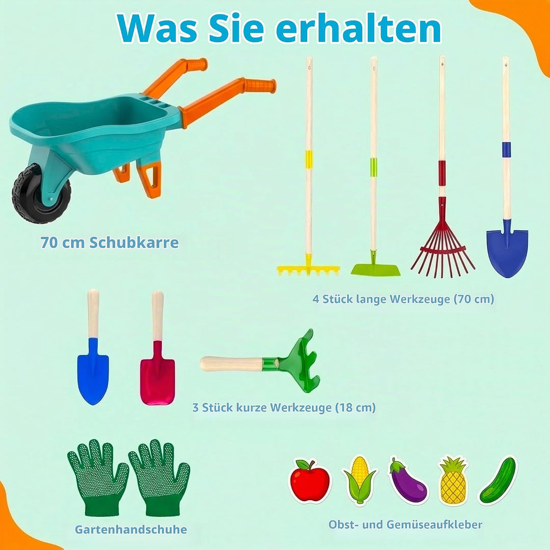 LATERN Kinder Gartenwerkzeugset, 70CM Schubkarre mit 70CM Metall Schaufel Rechen Hacke Laubrechen 20