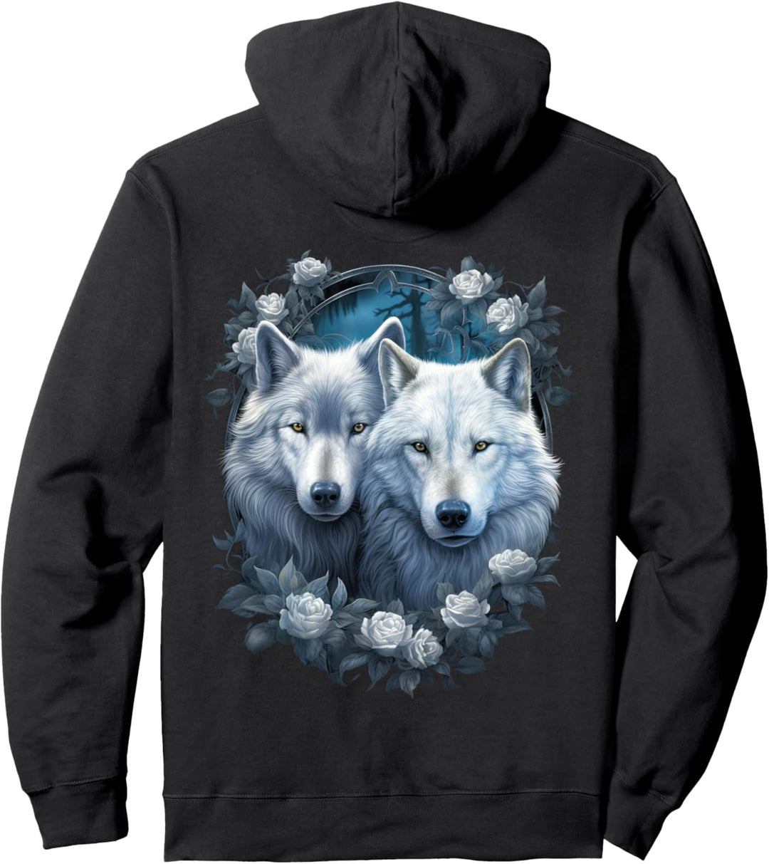 Wolf Wölfe mit weissen Roses mit Mond Fantasy Natur Pullover Hoodie