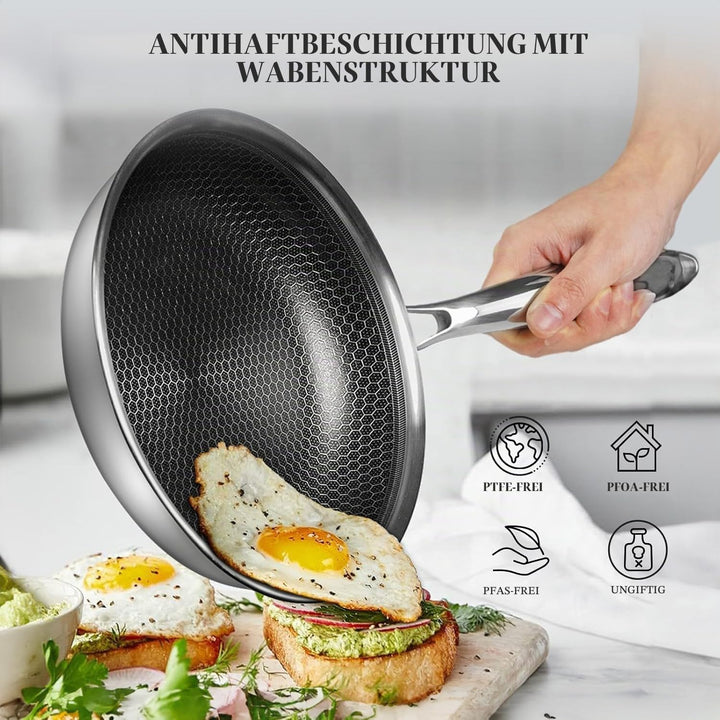 Pfannenset 3-teilig 20+24+28 cm aus Edelstahl mit Deckel, Induktionsgeeignet, Antihaftbeschichtung m