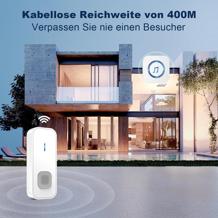 SURFOU Funkklingel, Kabellose Türklingel Funk Set 400m Reichweite Aussen Wasserdicht Haustür mit Plu