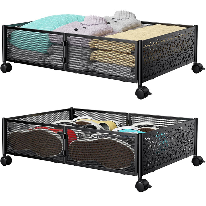 PHINOX Unterbett-Aufbewahrungsbox mit Rollen, 2 Stück faltbare Metall-Unterbettkommode zur Kleiderau