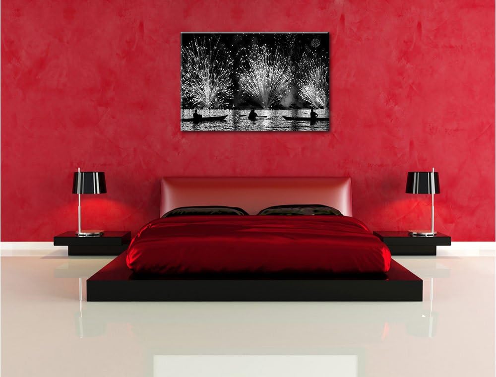 Pixxprint Feuerwerk auf dem Wasser / 100x70cm Leinwandbild bespannt auf Holzrahmen/Wandbild Kunstdru