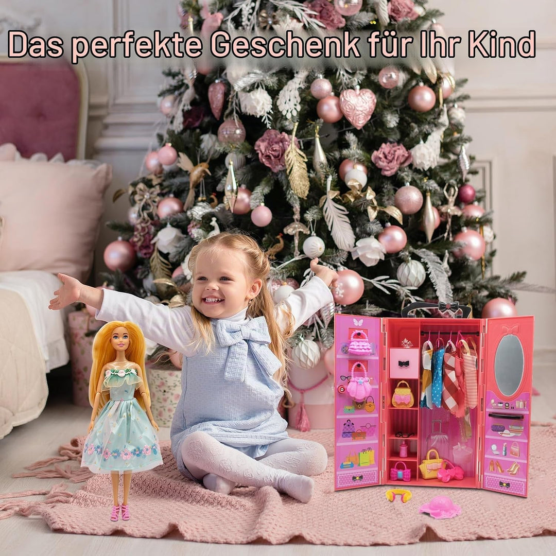 Kleiderschrank mit Puppe mit Kleidung Set，mit Puppe Prinzessin，Kleidung，Kleider，Schrank，Schuhe，Puppe
