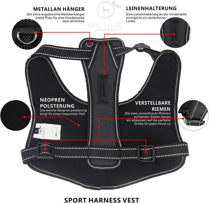 MICHUR Joel Hunde BRUSTGESCHIRR schwarz, Nylon Hundegeschirr, Hundegeschirr, mit Reflektoren, Neopre