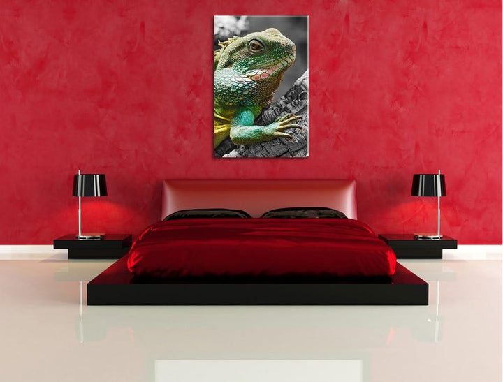 Pixxprint grosses Chamäleon schwarz/weiss auf Leinwand, XXL riesige Bilder fertig gerahmt mit Keilra