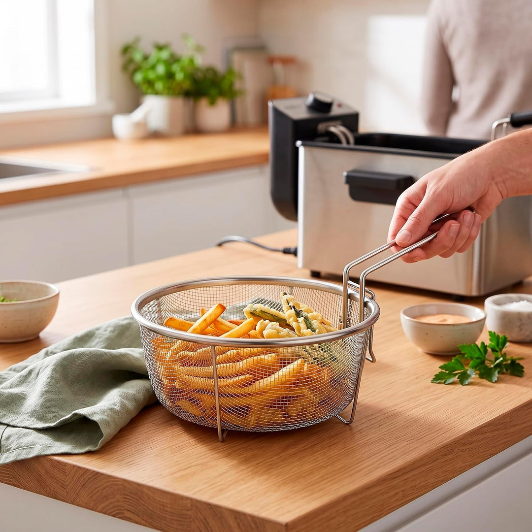 Frisierkorb mit Klappbarem Griff und Haken für die Pfanne - Runder Fritteusekorb - Edelstahl - 23 cm