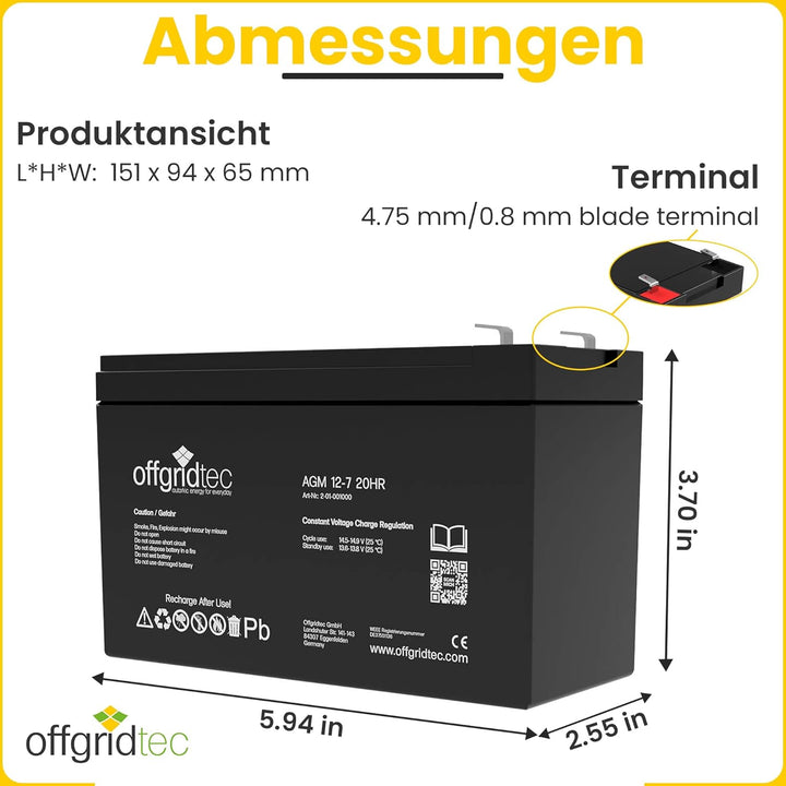 Offgridtec® 7Ah 12V Bleiakku AGM Zyklenfest USV Ersatz VRLA Batterie, 7Ah