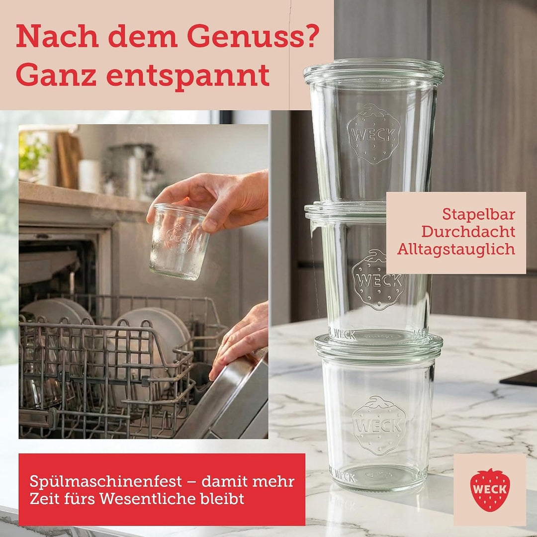 Weck Gläser 140ml – 12er Set mit Deckeln – Sturzform – robuste, stapelbare Dessertgläser, Einkoch- &