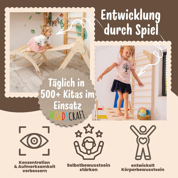 WoodsCraft - Indoor &amp; Outdoor Kletterset: Rutsche [120 cm] mit Kletterdreieck | Kinderrutsche-Rollen