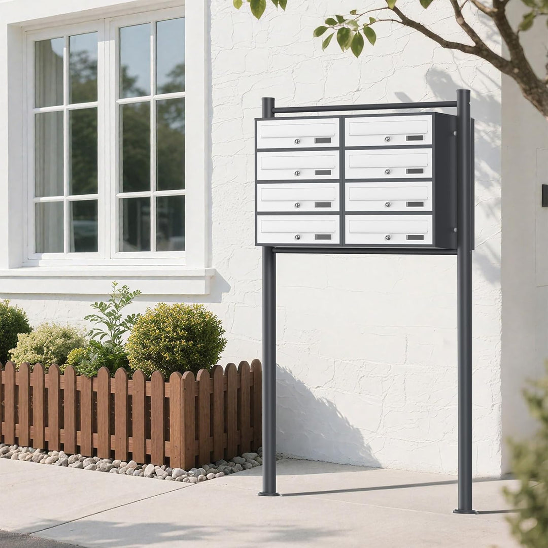 8er-Briefkastenanlage mit Standfuss, pulverbeschichtet in Anthrazit/Weiss, 2 Schlüssel je Postfach