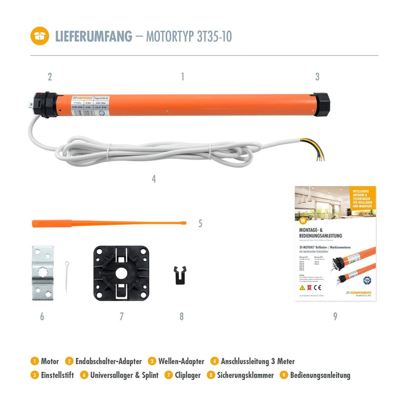 3T-MOTORS Rollladenmotor 3T35-10 (Zugkraft 10 Nm/25 kg) für 40 mm 8kant Rollladenwelle (SW40), mit m