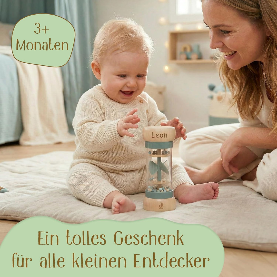 Regenmacher personalisiert mit Name – FSC Holz Baby Rassel ab 3 Monate – Geschenk zur Geburt, Taufe,