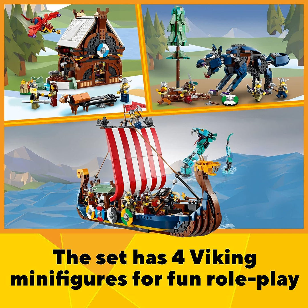 LEGO Creator 31132 3-in-1 Bauspielzeug Set mit Wikingerschiff und Midgard Schlange für Jungen, Mädch