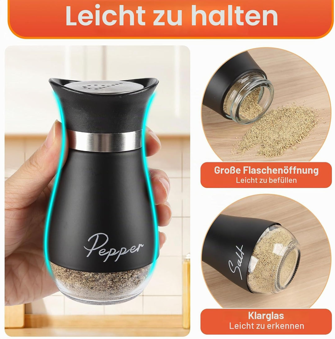 Salz und Pfefferstreuer Set mit Halter, Edelstahl und Glasflasche Salz und Pfefferstreuer mit Halter