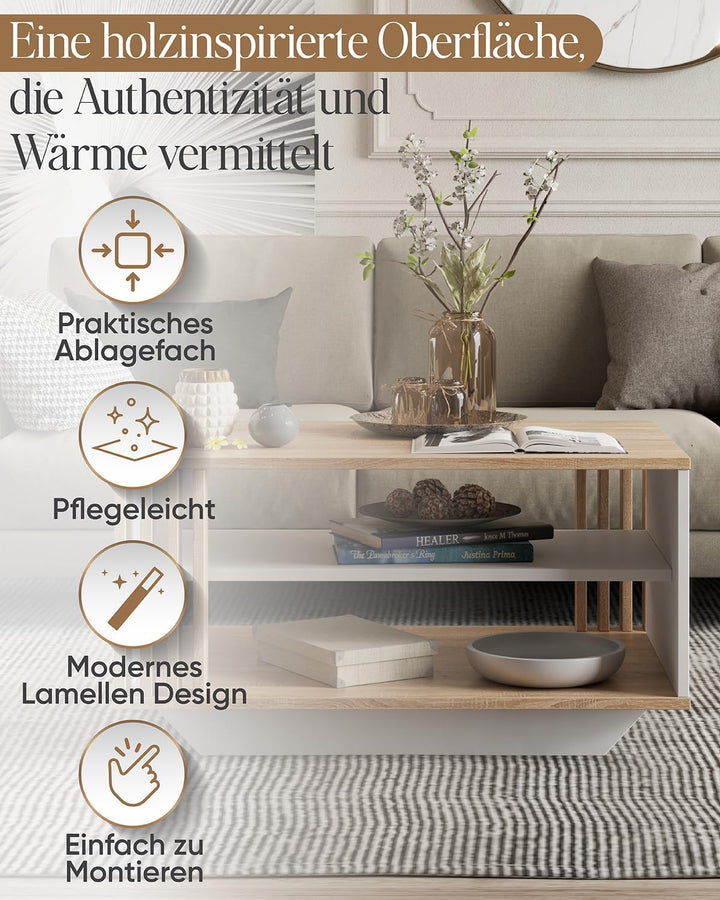 Viosimc Couchtisch, Wohnzimmertisch mit modernen Lamellen, moderner und stilvoller rechteckiger Kaff