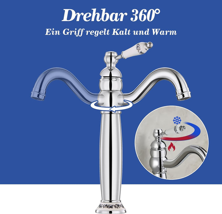 Wasserhahn Bad Hoch Antik, 360° Schwenkbar Einhebel Armatur Badezimmer mit Keramikgriff, Waschtischa