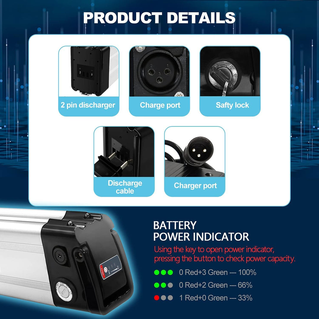 X-go Ebike Batterie, Elektrofahrrad Batterie E-Bike Lithium Batterie Silber Fisch mit Ladegerät, Led