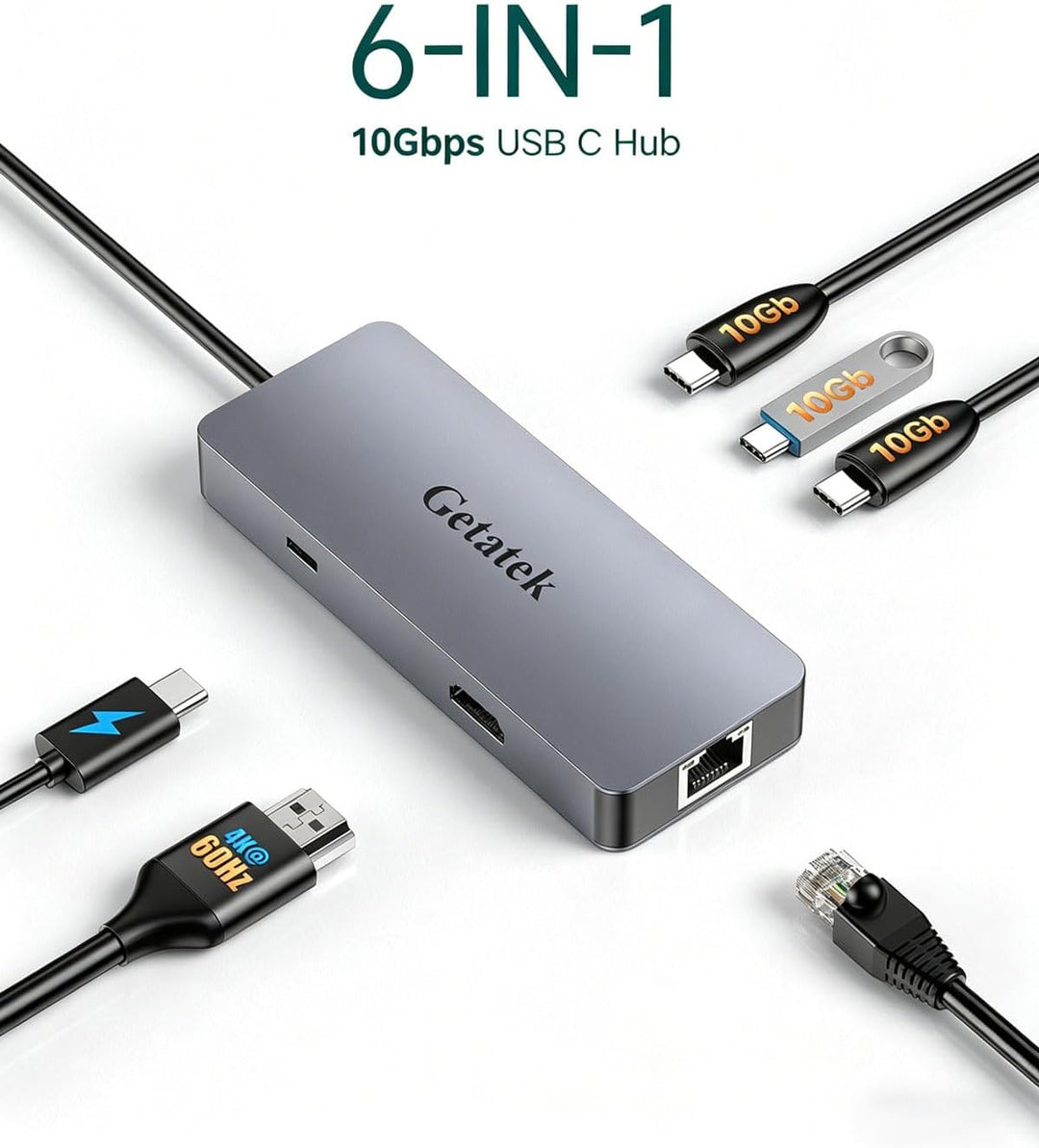 USB-C HUB, 6-in-1 USB3.2 Dock with 3 Type C 10Gbps Ports, 4K 60HZ HDMI USB C to USB Adapter,100W Pow