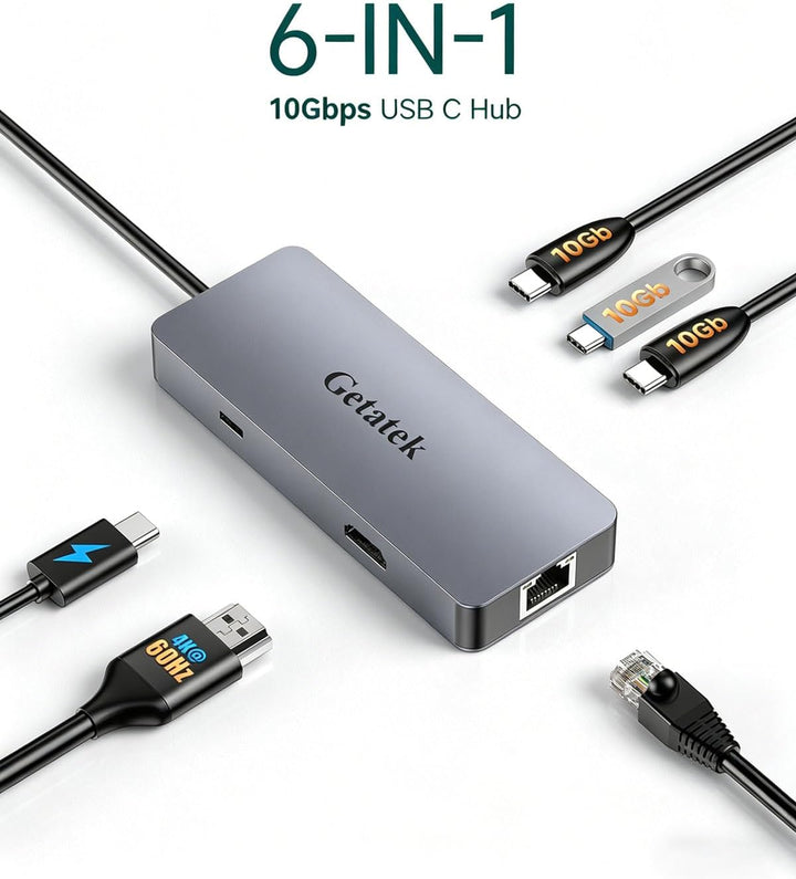 USB-C HUB, 6-in-1 USB3.2 Dock with 3 Type C 10Gbps Ports, 4K 60HZ HDMI USB C to USB Adapter,100W Pow