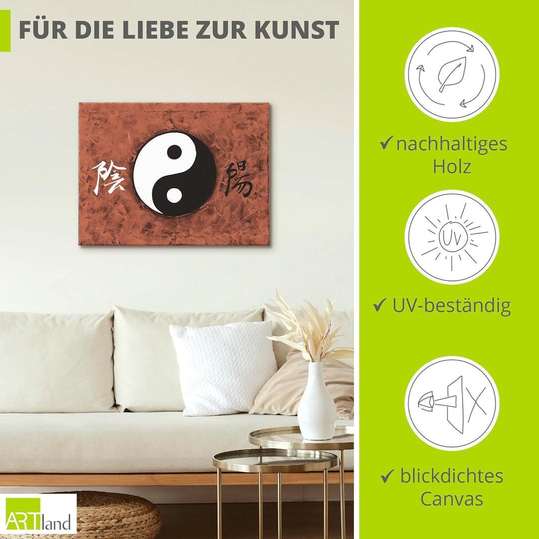 ARTLAND Wanddeko Leinwand Bilder Wandbild A. S. Ying & Yang_braun Statement Bilder Zeichen Malerei B