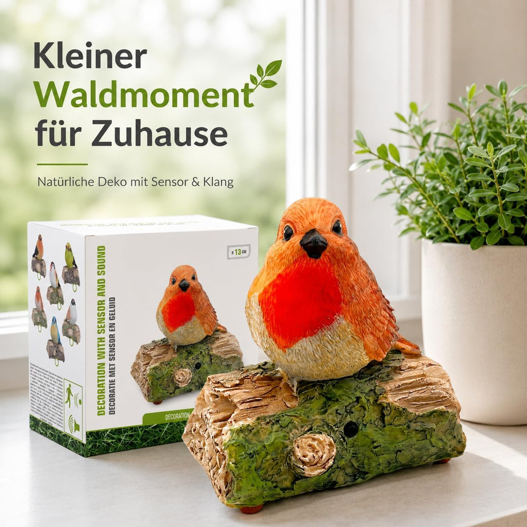 MIJOMA Dekovogel mit Vogelgezwitscher & Bewegungsmelder – Zwitschernder Vogel auf AST, Handbemalt, 1