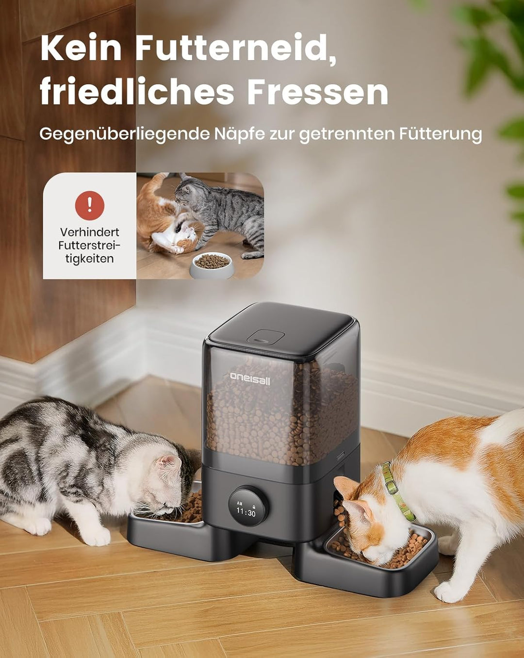 oneisall 5L Futterautomat Katzen 2 Näpfe, Katzenfutter Automat Kabellos mit 304 Edelstahlnapf, 1-6 M